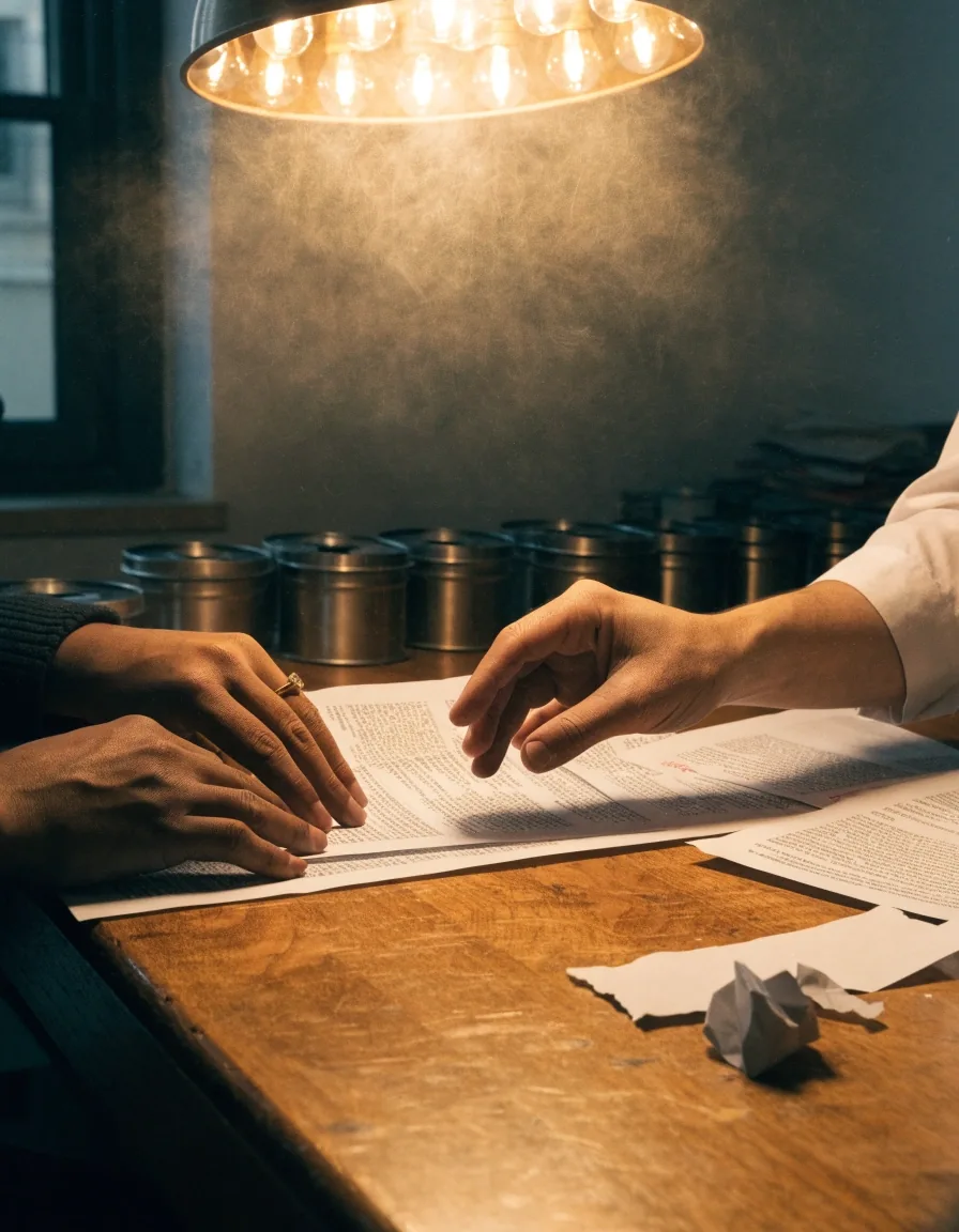 A single blank sheet of paper on a wooden composing table under a low hanging lamp