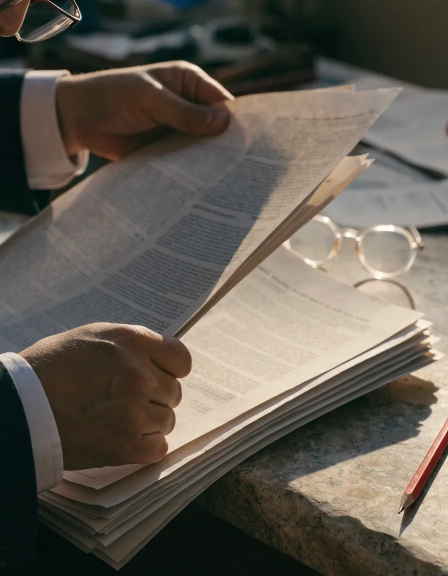 An editor turning over loose blank newsprint sheets on a stone-topped bench