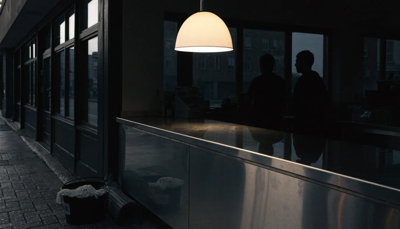 Brooklyn commercial street at first light, dark storefront glass and warm window glow on wet pavement
