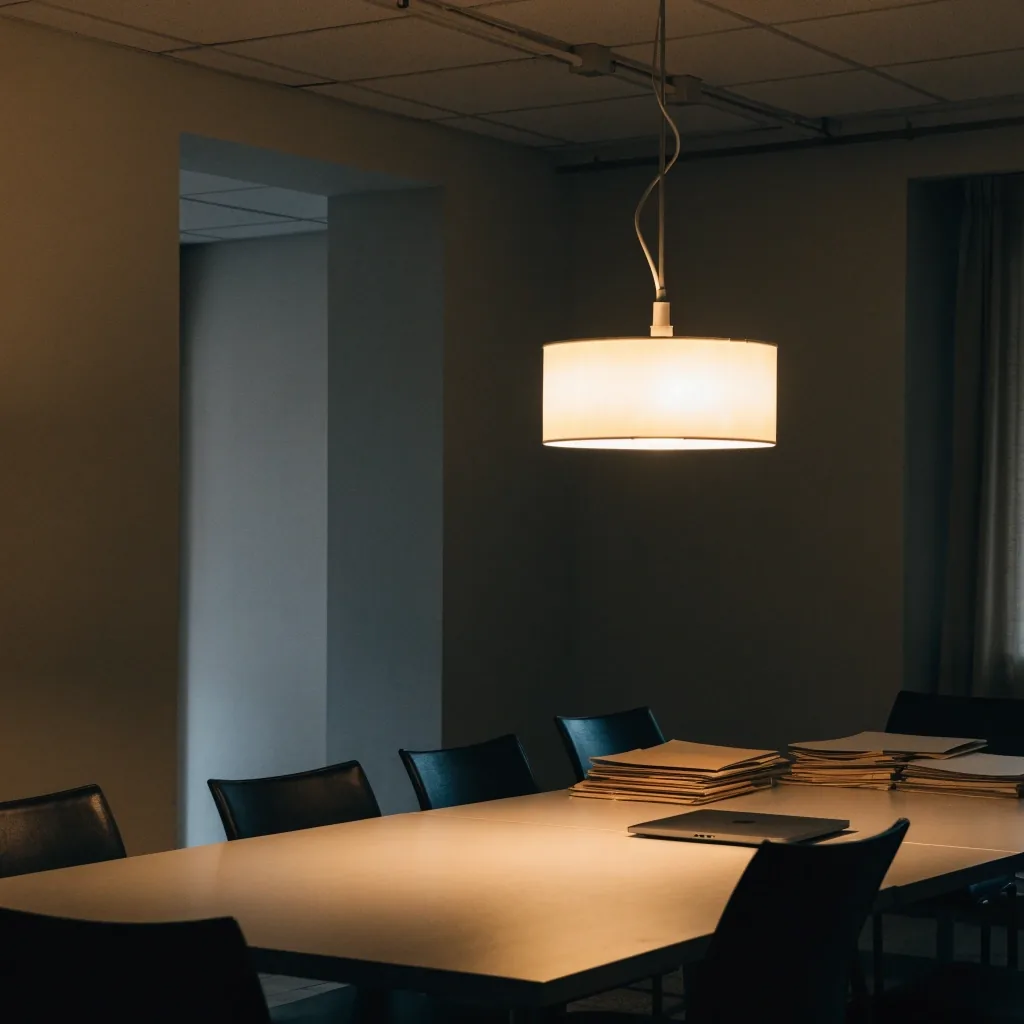 Empty conference room under a single pendant light with a closed laptop and stacked folders