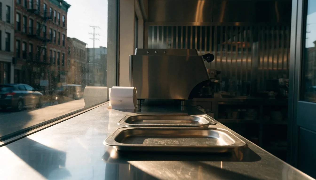 Franchise counter at opening under warm morning light, staff moving as soft silhouettes behind the counter
