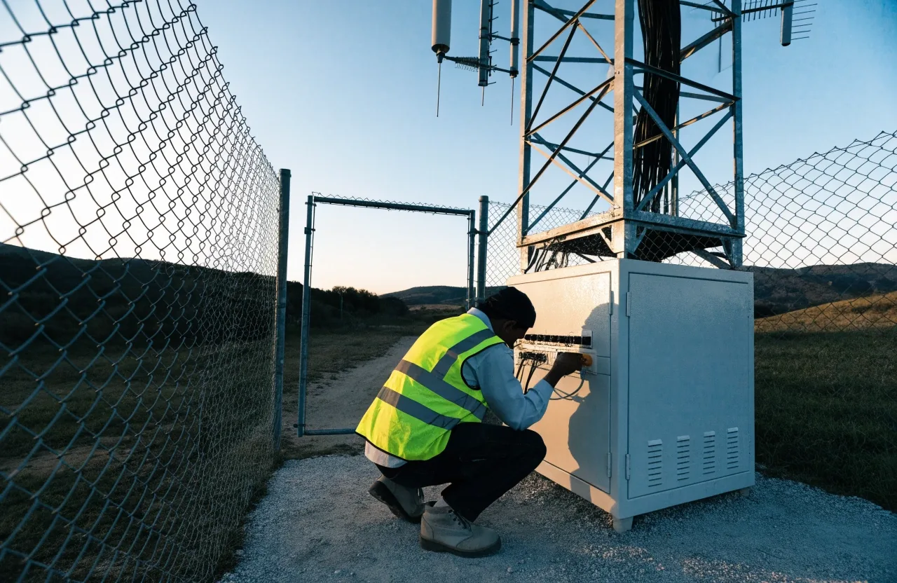 A remote cell tower enclosure at dawn behind a chain-link fence