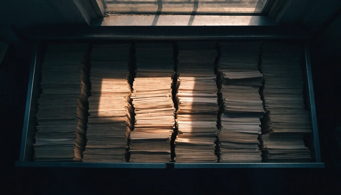 Overhead view of an open filing drawer of unmarked manila folders in warm morning light
