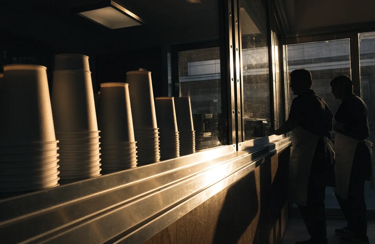 Staff silhouetted behind a franchise counter during opening hour in warm light