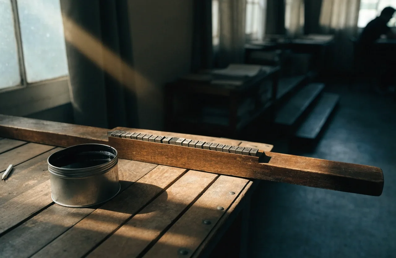 Composing bench at eight in the morning with warm raking light across stacked paper and open ink tins