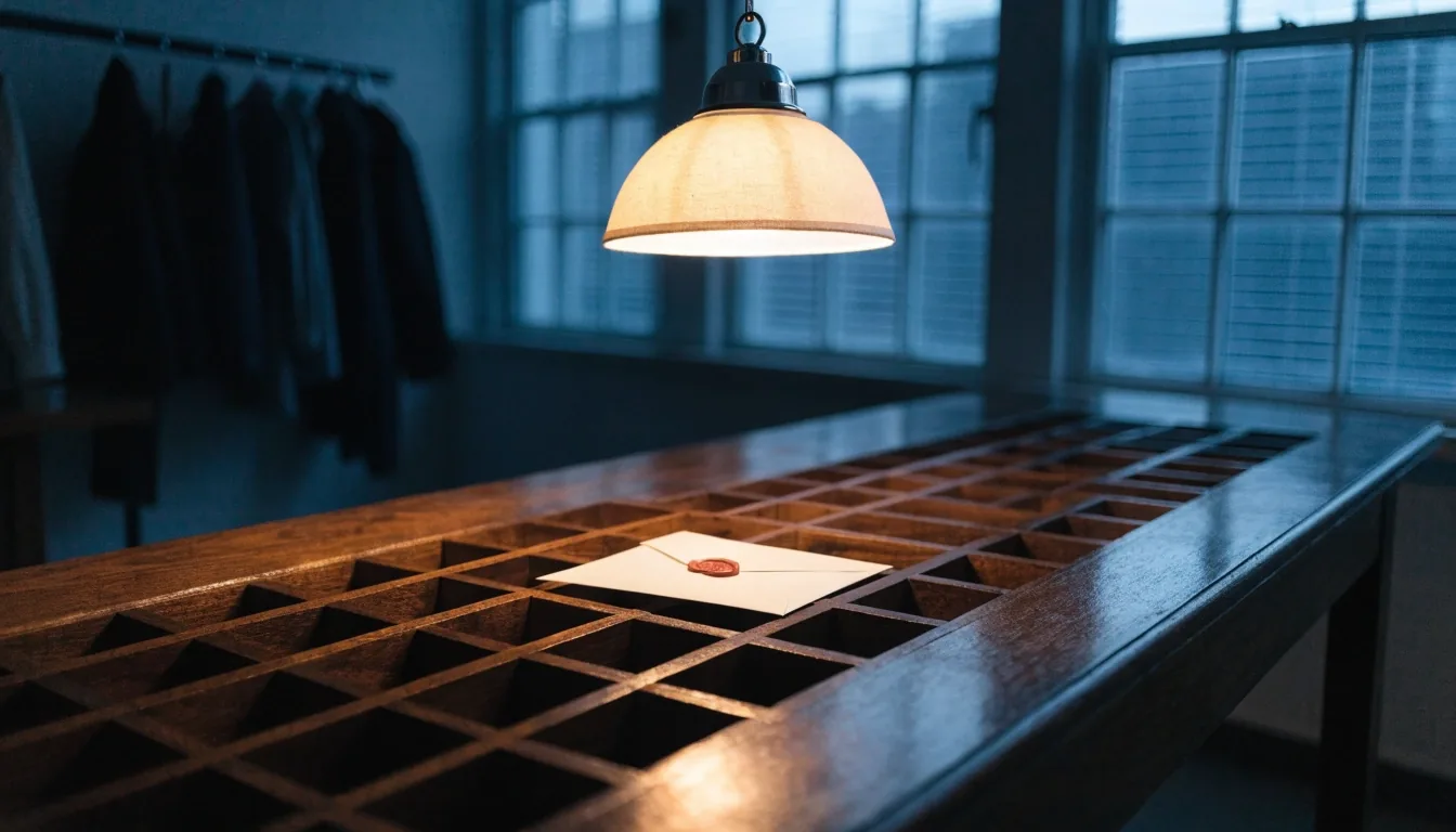 Wide view of the newsroom workbench at first light with a single sheet left under the lamp