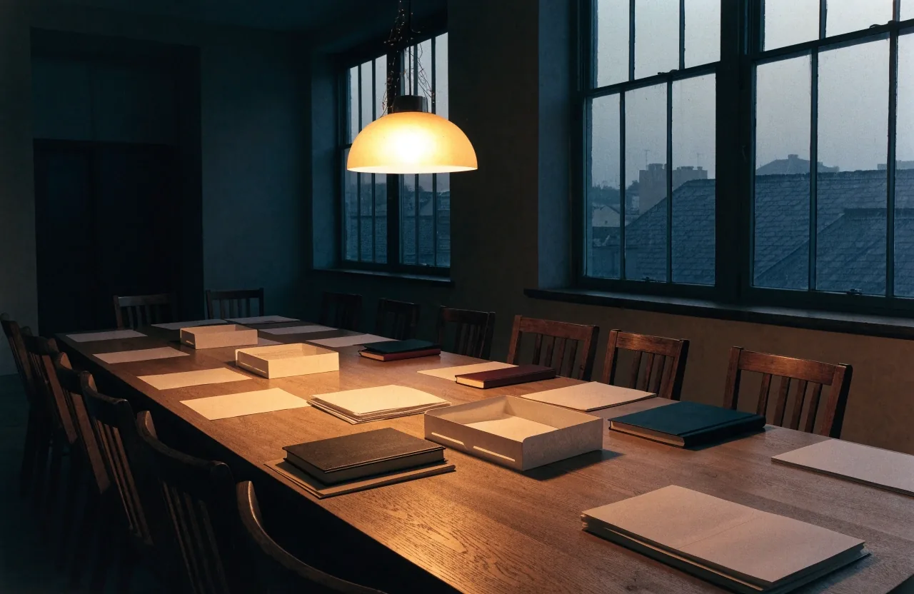 A wide, quiet editorial workspace at first light with two pushed-together desks
