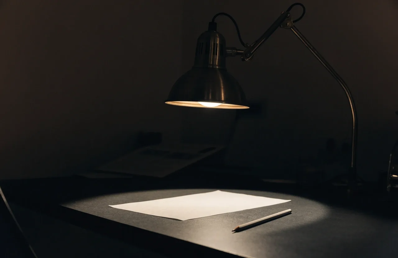 A blank sheet of paper under a low work lamp on a composing-room bench at the journal's editorial desk