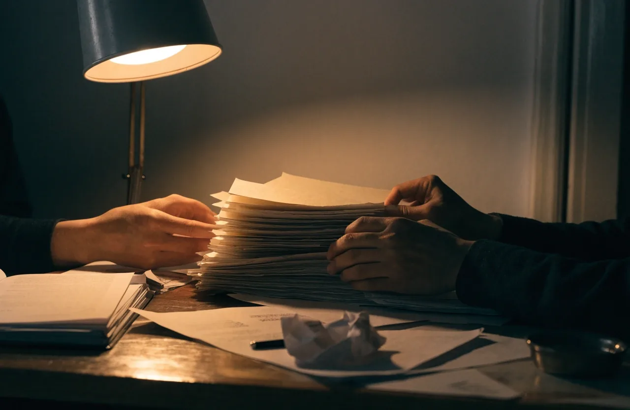 Hands sorting unmarked folders on an editorial desk under a single warm lamp