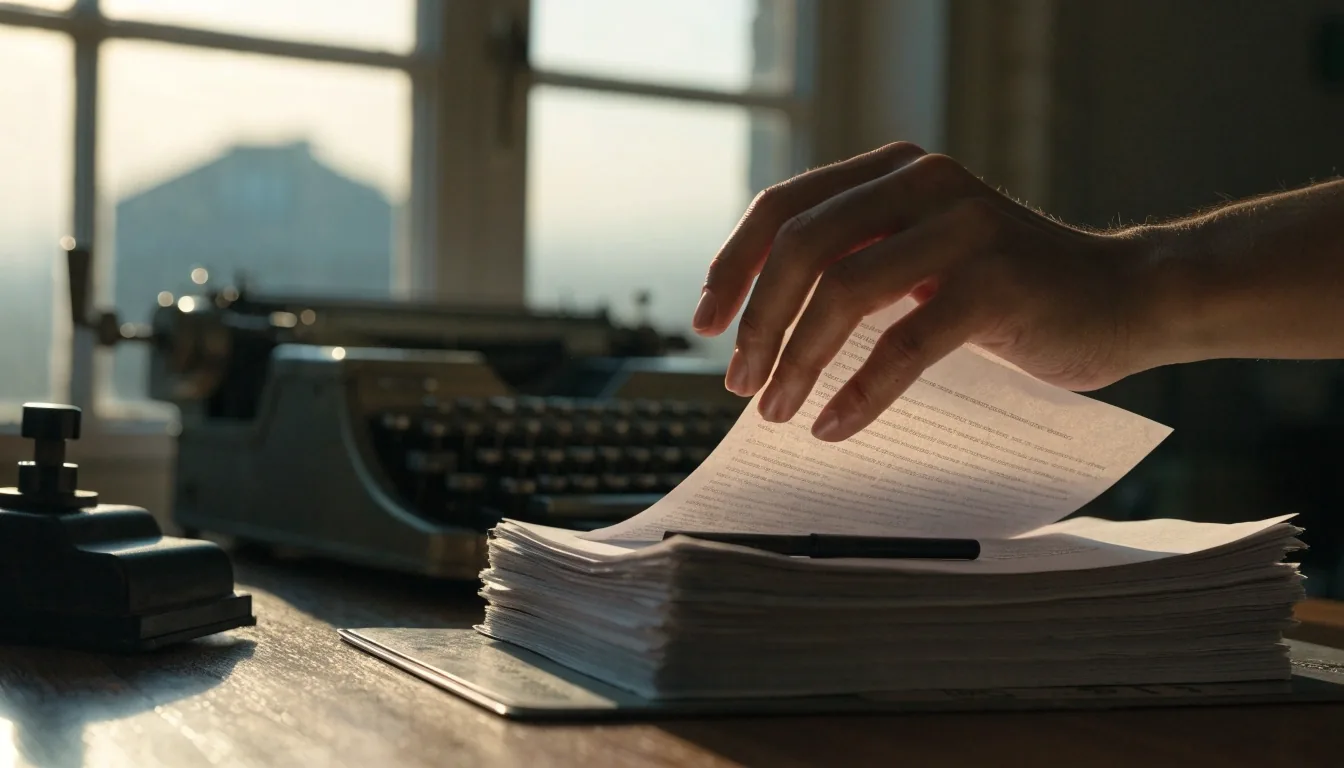 A hand holding a sheet of paper over a stack at a composing desk in warm dawn light