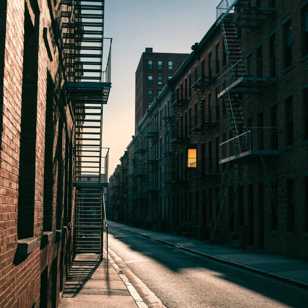 A quiet Brooklyn street at first light with wet pavement and warm windows