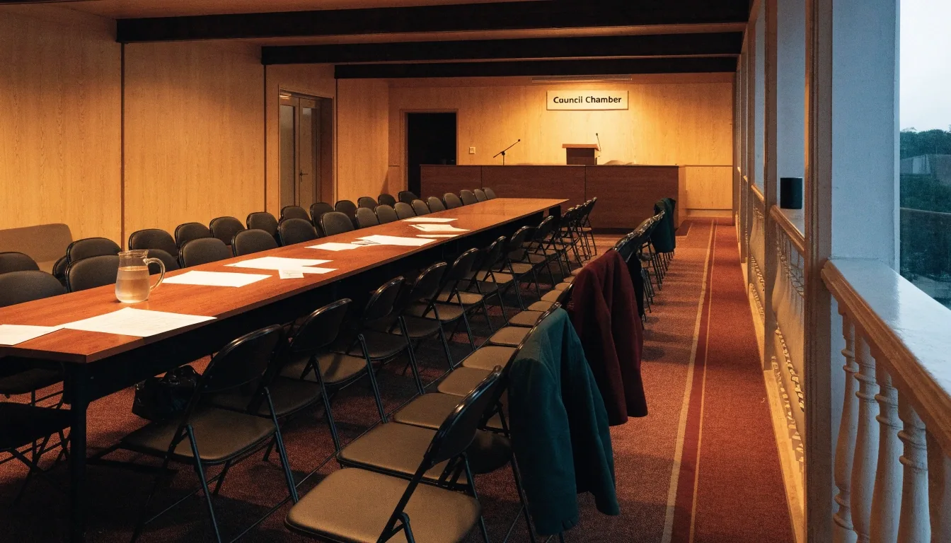 A public hearing room emptying out after a meeting