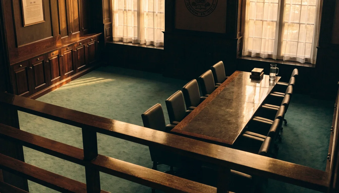 Empty desks and a raised dais in a city council chamber under low evening light