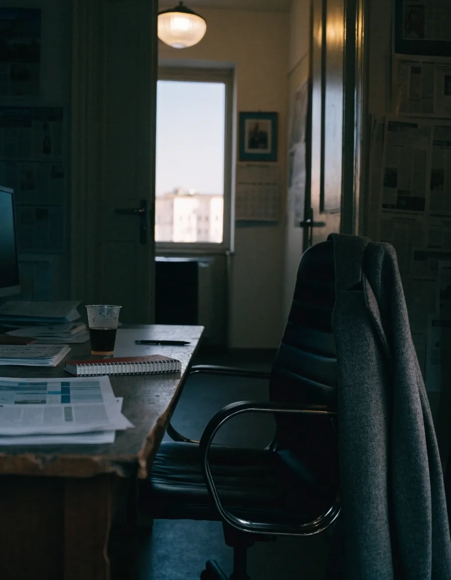 A composing bench under raking morning light, papers spread and unreadable, a tipped mug and pencil at the edge