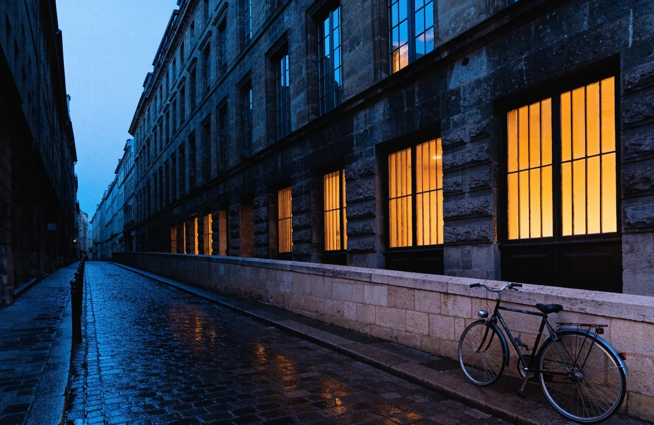 A Brooklyn brownstone stoop at first light with warm window glow and wet pavement