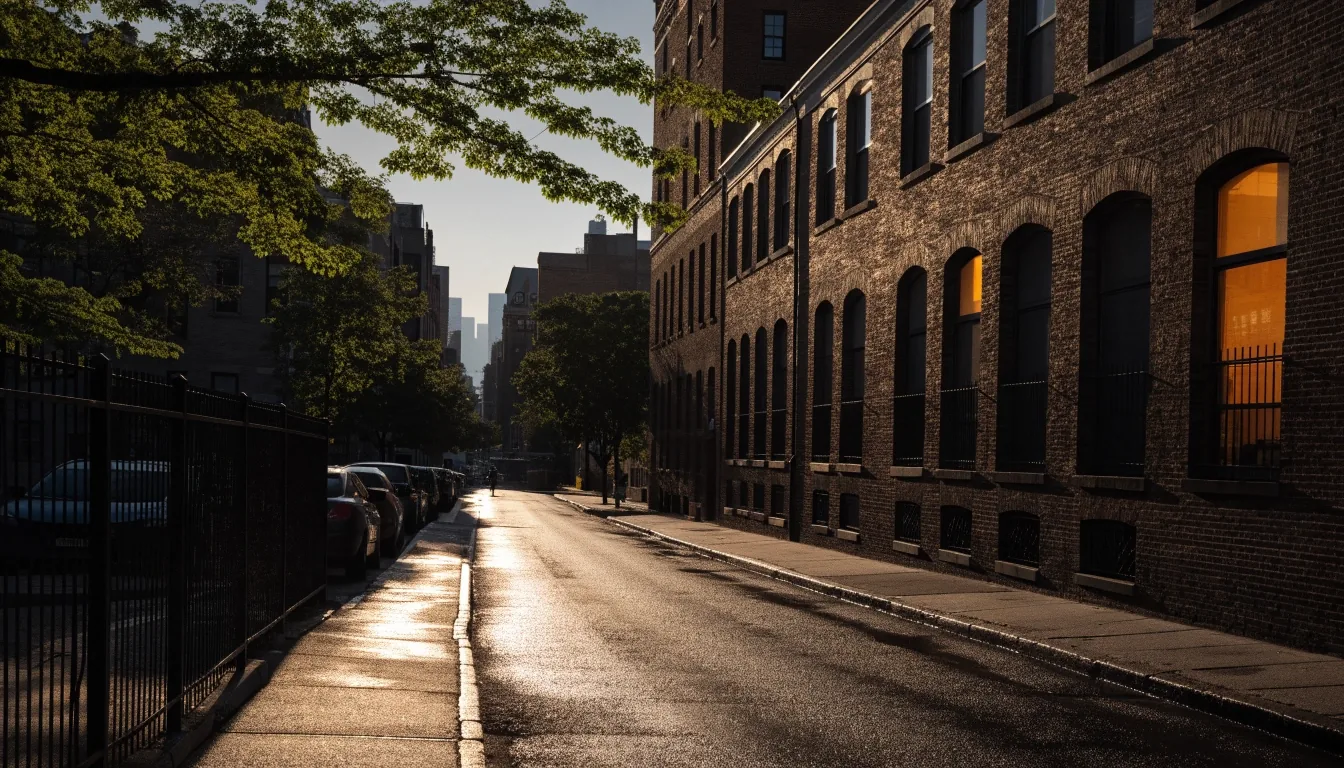 A Brooklyn residential block at first light with wet pavement and warm window glow