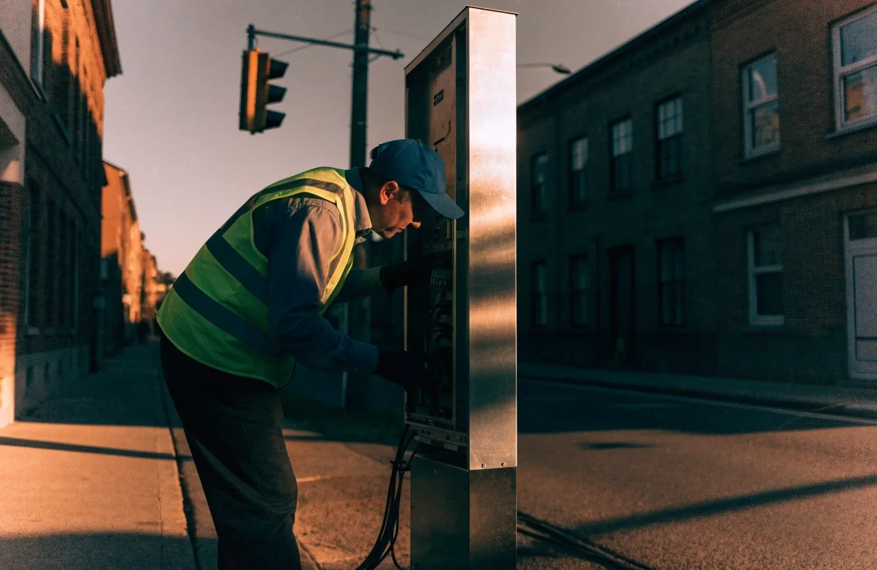 A technician inspecting a roadside sensor mast at dusk