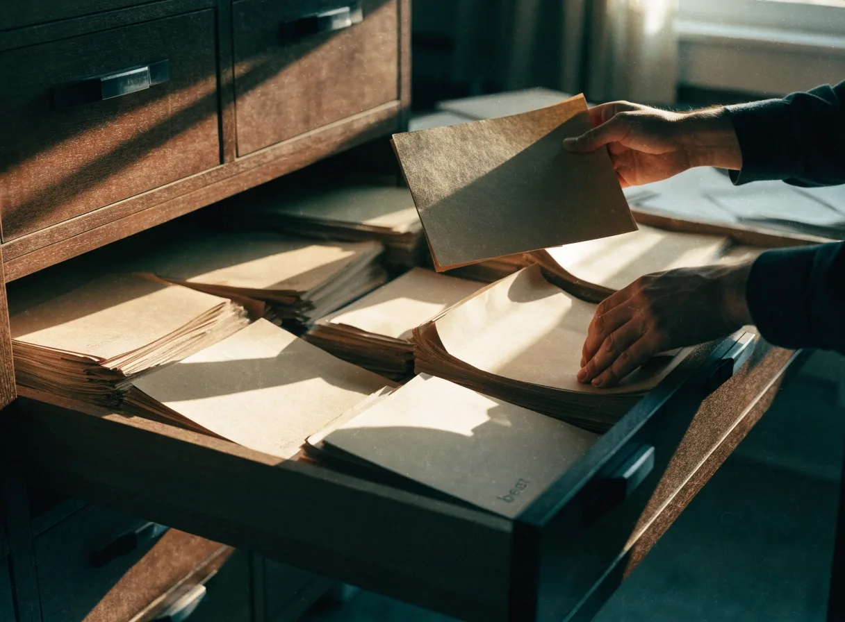 An open filing drawer of unmarked manila folders under warm morning light
