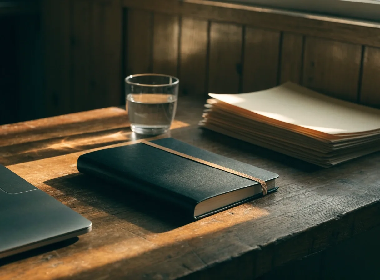 A reporter's notebook and closed laptop on a newsroom desk under warm light
