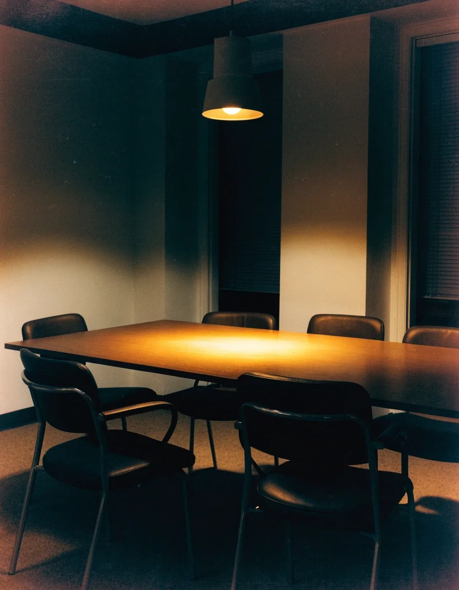 An empty meeting room under a single pendant light with chairs pushed in