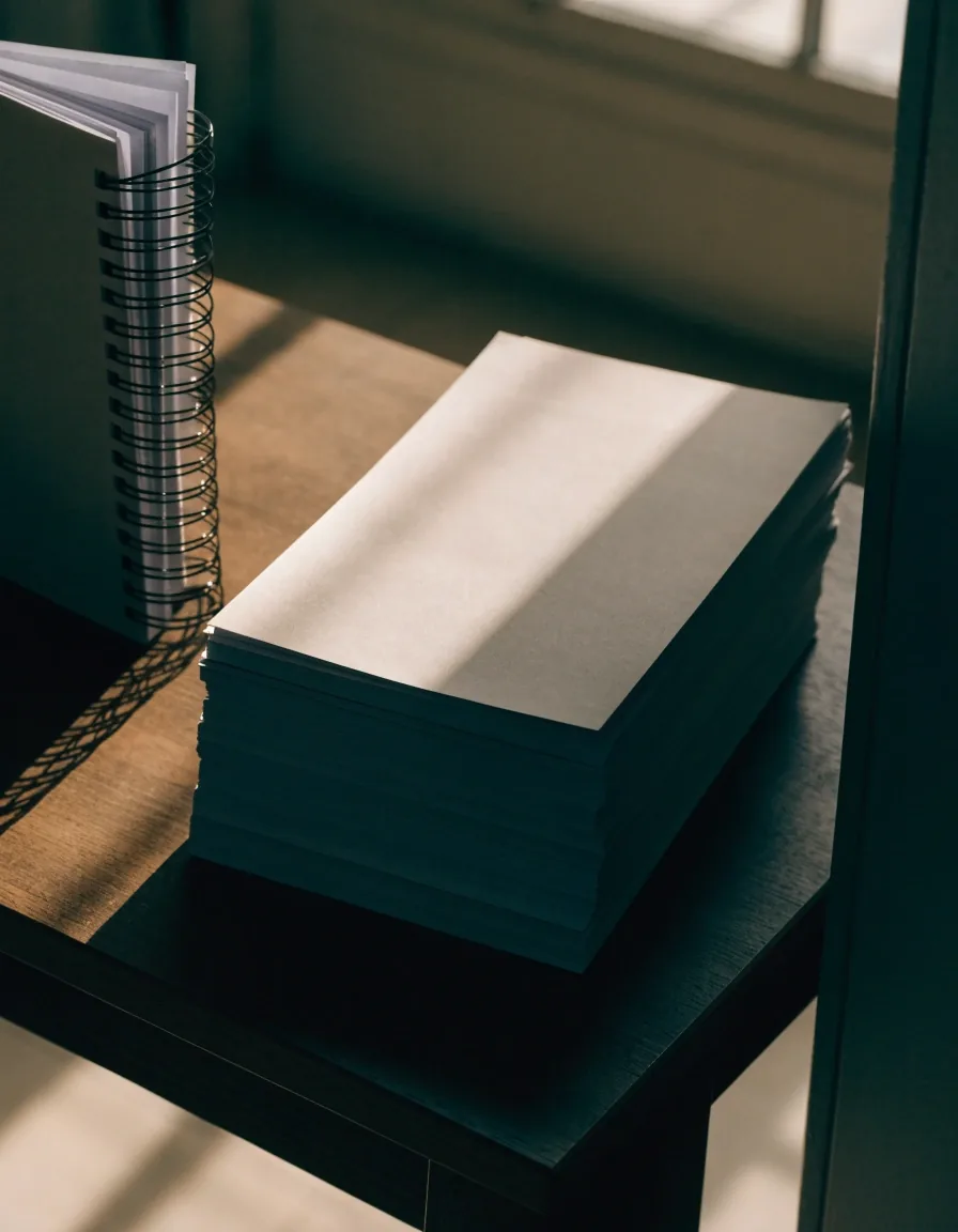A single blank sheet of paper on a wooden table under a low desk lamp