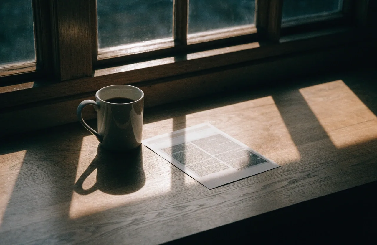 Hands sorting unlabeled notebooks beside an open blank page in morning window light