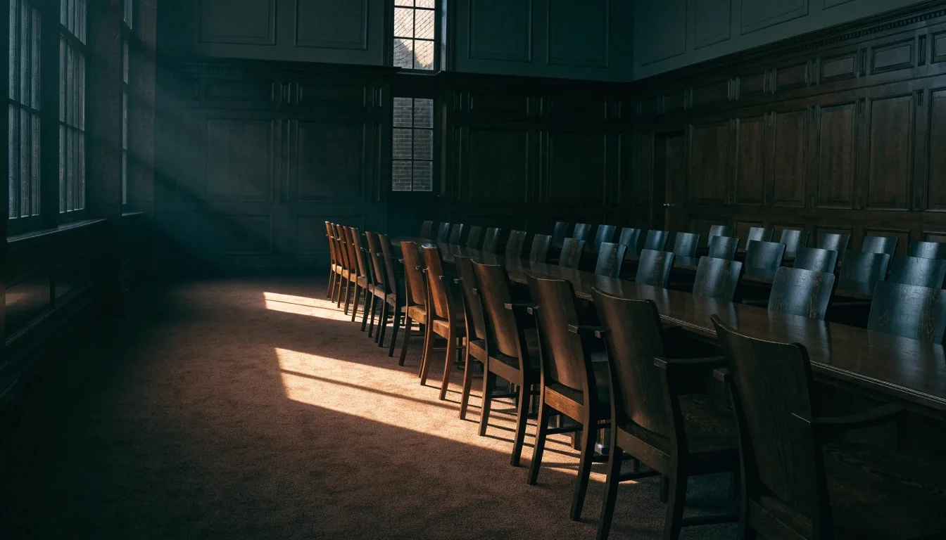 An empty caucus room before a hearing, chairs pushed in and low morning light across the floor