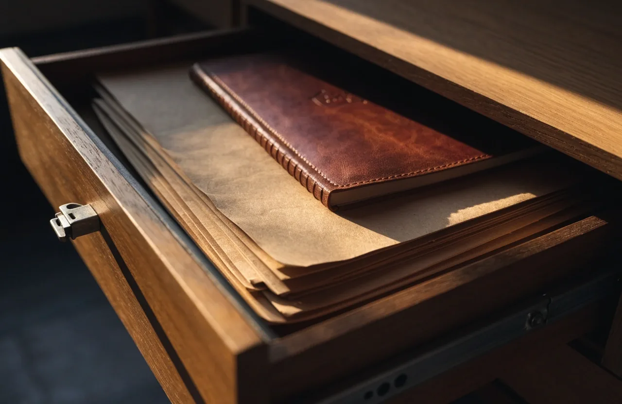 An open newsroom desk drawer with plain manila folders and a closed notebook