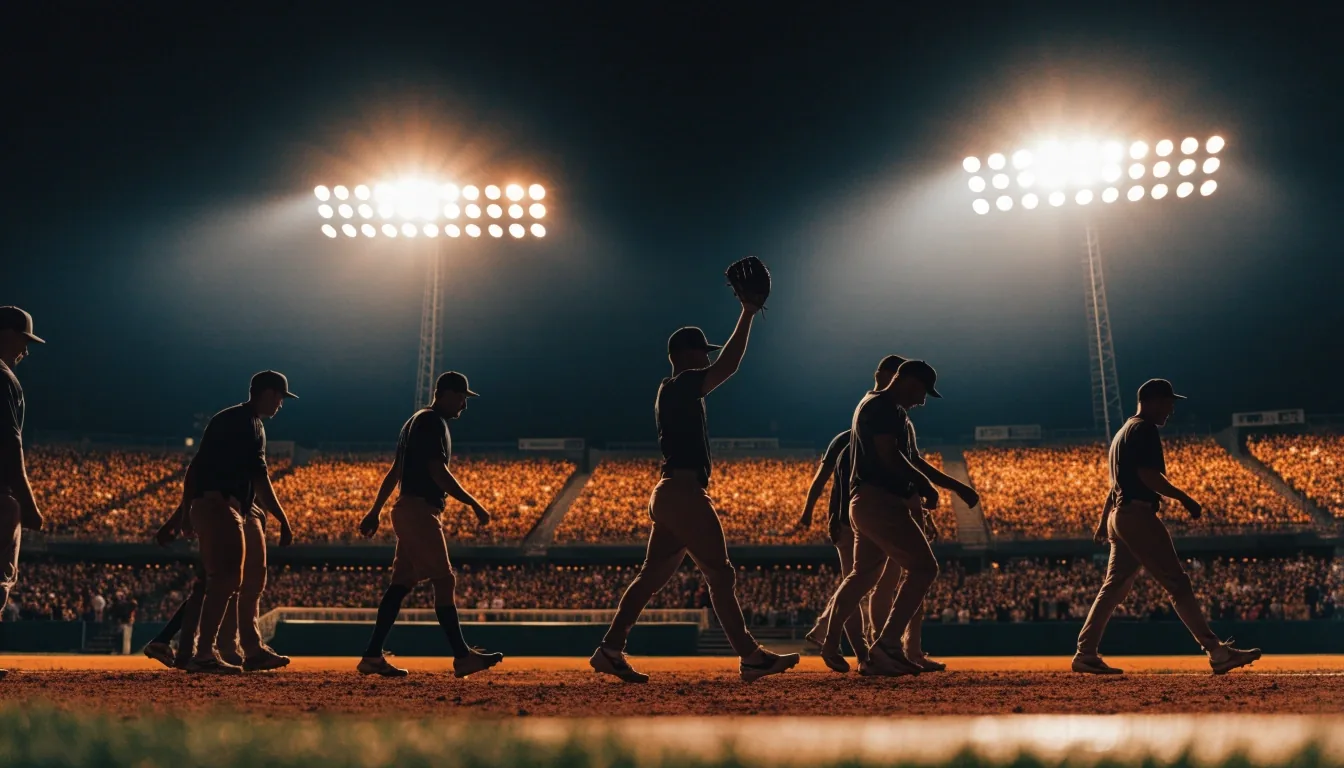 Crowd in the lower bowl of a floodlit stadium seen from behind during a night playoff game