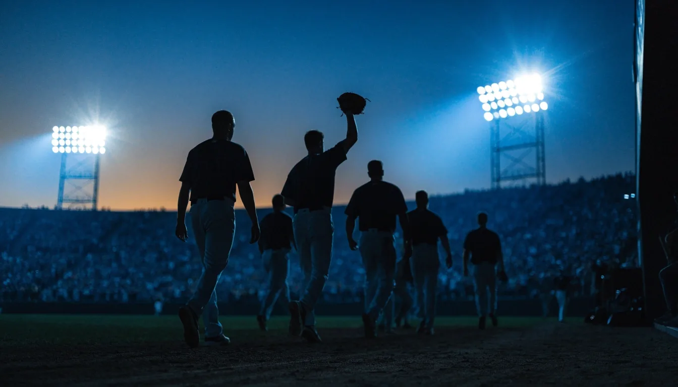 Quiet stadium concourse with long afternoon shadows before a game