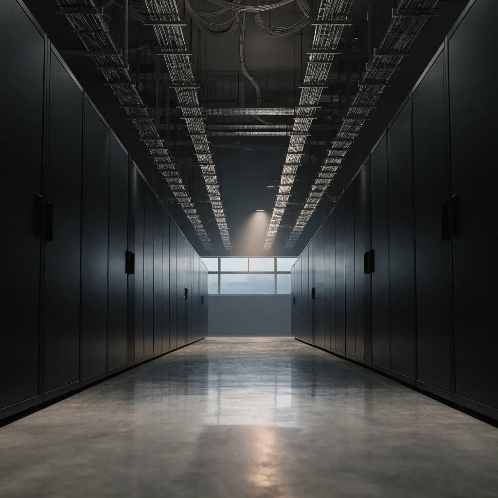A data-center corridor of closed server cabinets in cold morning light