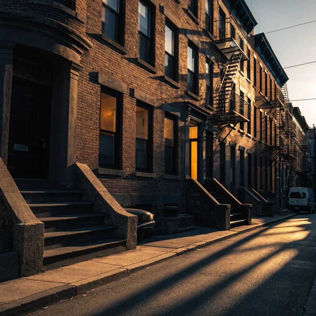 A Brooklyn street of brick facades and stoops at first light with long raking shadows and warm window glow