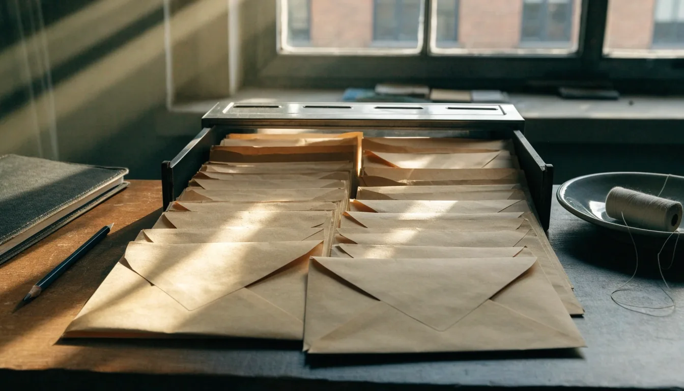 An open filing drawer of unmarked manila envelopes, a closed notebook and a stub pencil on a composing bench in raking morning light