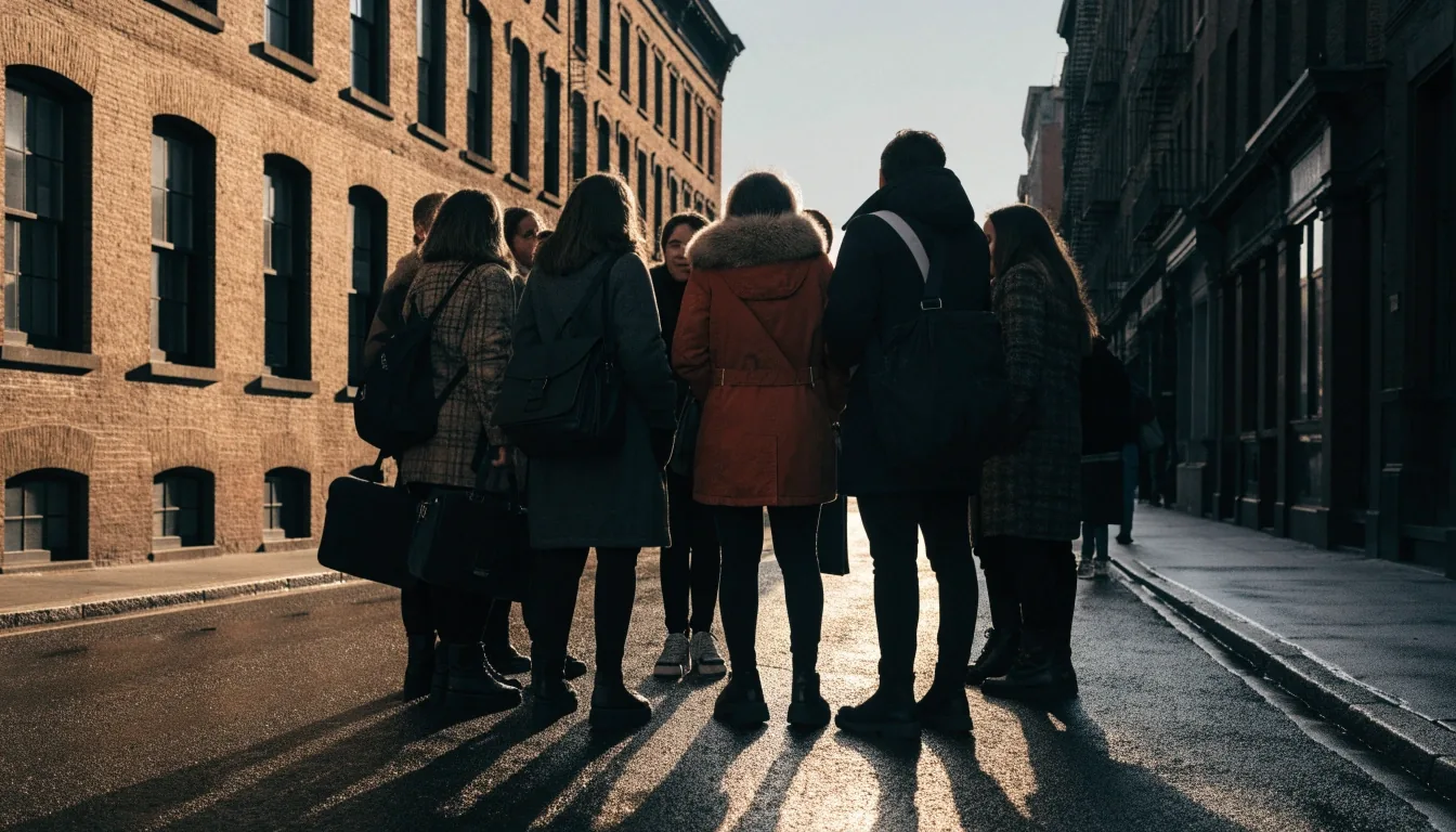 Brooklyn corner at first light where a neighbourhood gathering is being set up