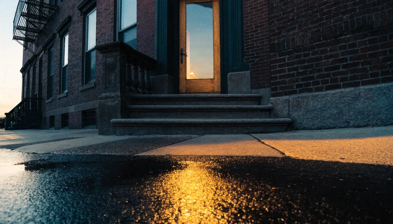 Brooklyn brownstone stoop at first light on a quiet block