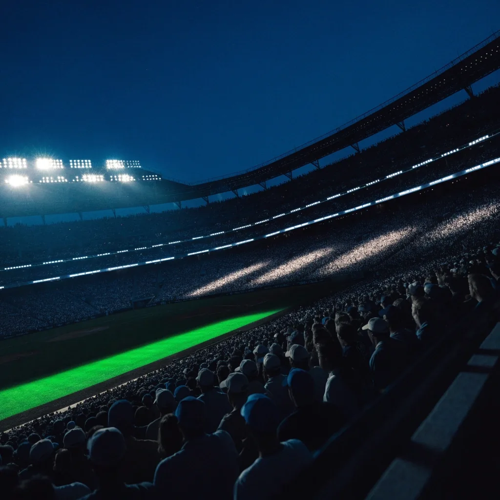A stadium concourse at dusk with motion-blurred figures crossing warm doorway light