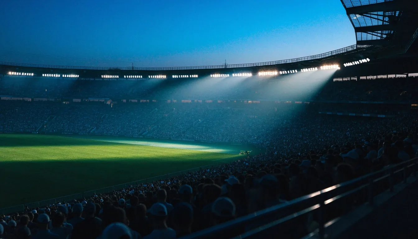 A stadium lower bowl seen from behind at late afternoon, rows of spectators silhouetted above the field edge