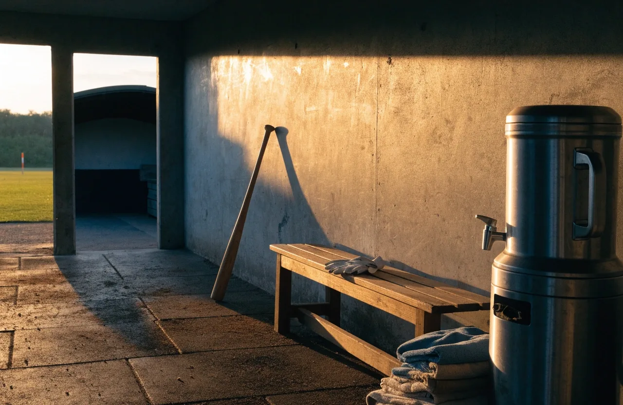A dugout bench in stadium shadow with gloves and a bat left leaning against the wall