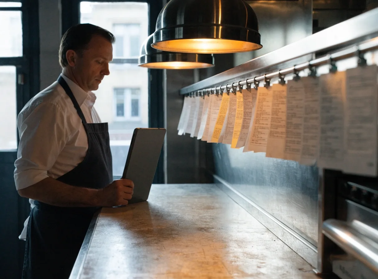 Restaurant manager at a back counter in a small Brooklyn diner under warm afternoon light