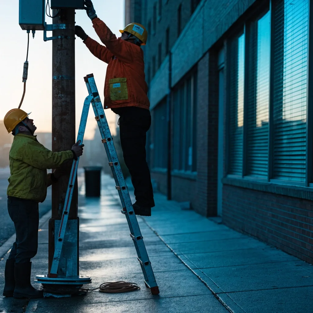 Two technicians mounting a pole sensor on a Brooklyn sidewalk in early morning light