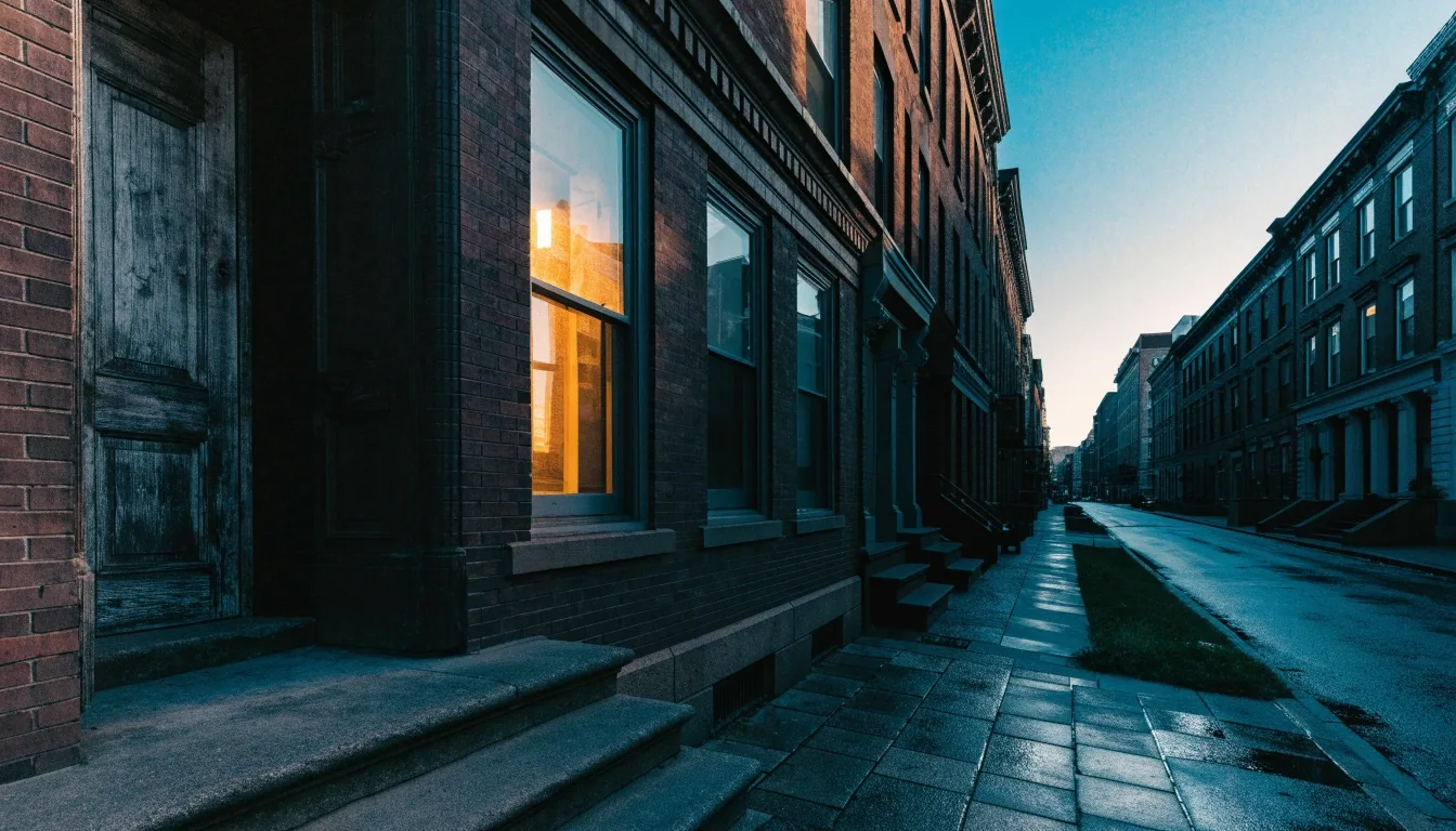 A Brooklyn brownstone stoop at first light with warm window glow on the brick and wet pavement