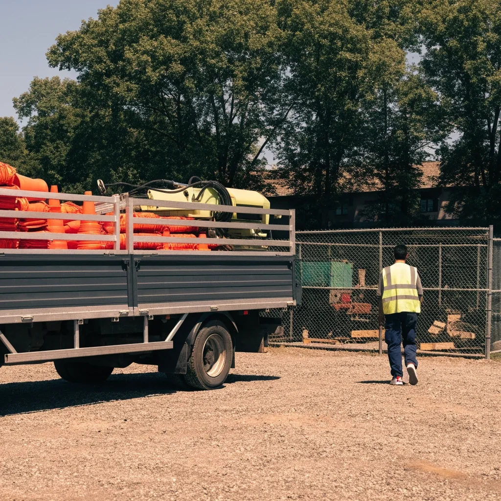 Maintenance yard with a boom-lift truck and cones beside a fenced equipment pen