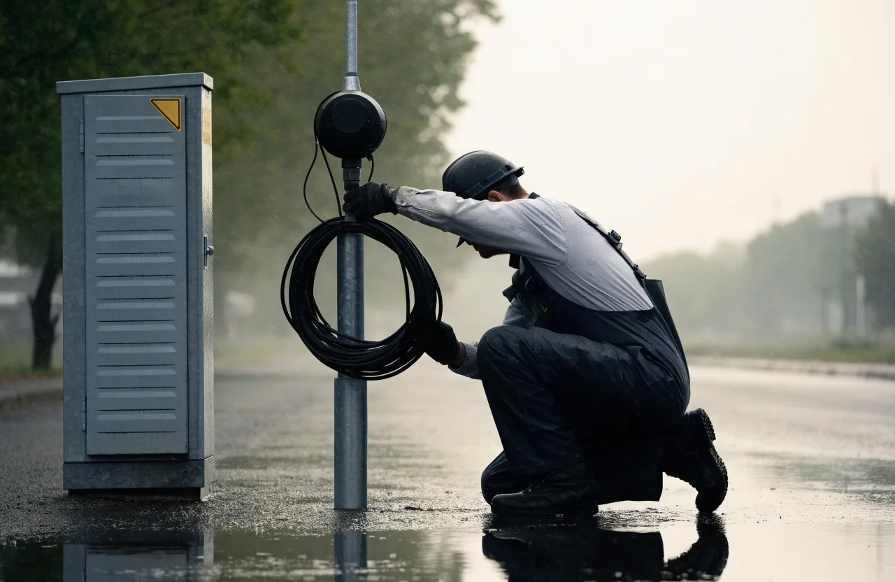 Technician's gloved hands mounting a weatherproof camera housing on a steel pole bracket