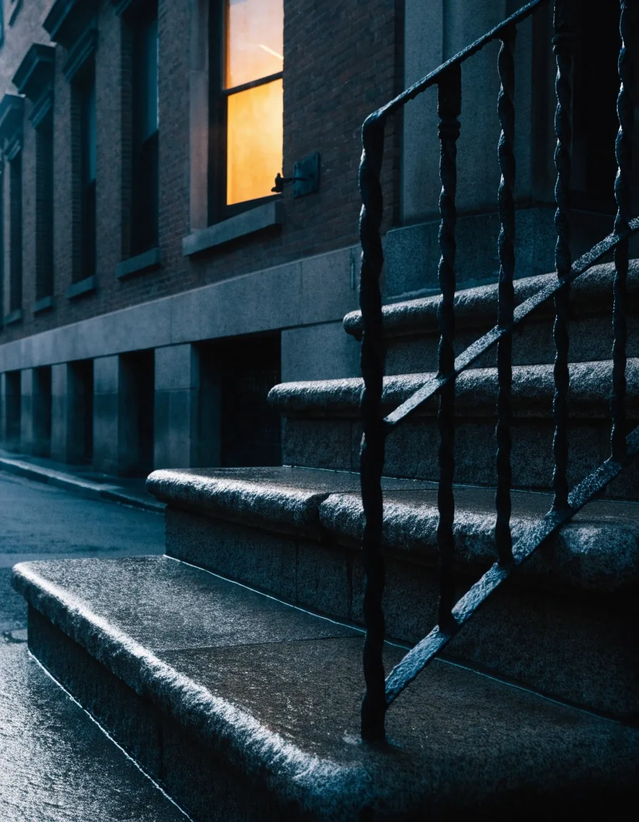 A Brooklyn stoop at first light, wet stone steps and a warm lit window, no people in frame