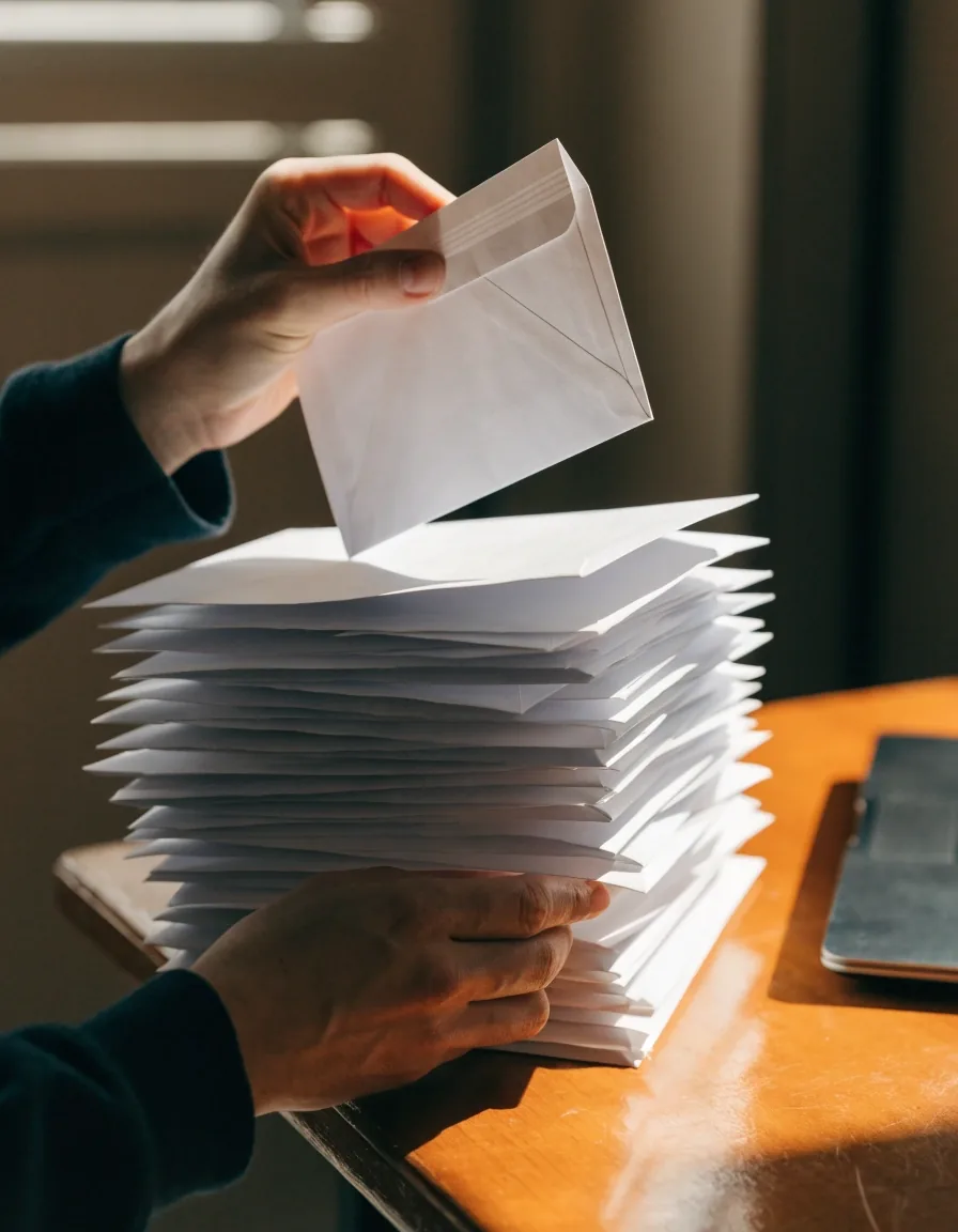 Hands sorting a stack of unmarked envelopes on a warm desk beside a closed laptop