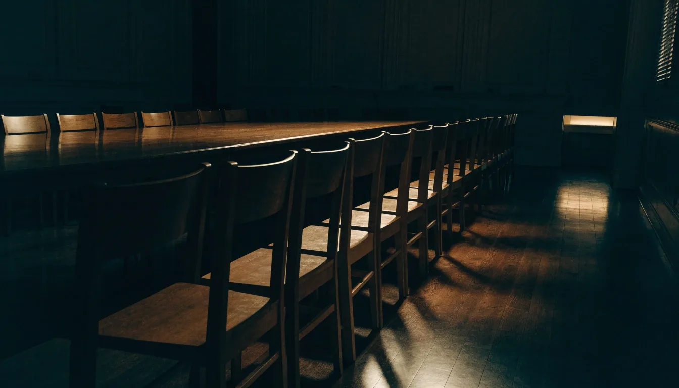 Empty caucus room at low light with warm raking light on wooden chairs